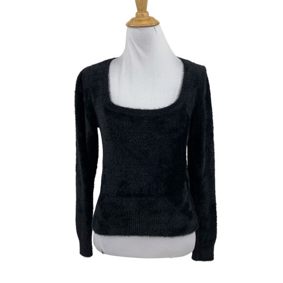 ASTR The Label Sweater Womens XS Extra Small Black Fuzzy Square Neck Cropped - Picture 1 of 9